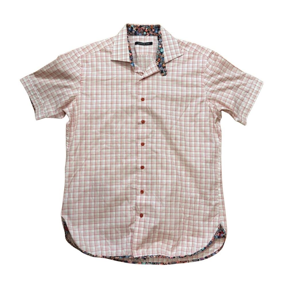 Hammer Made Mens M Red White Plaid Shirt Floral Trim Cotton Preppy
